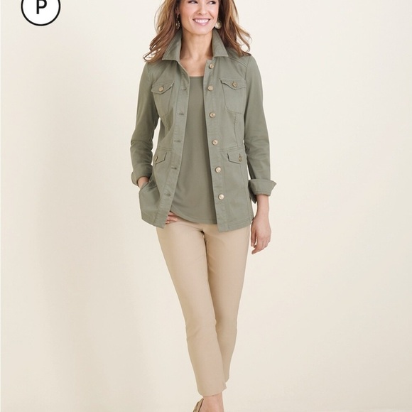 Chico's Sateen Elongated Utility Jacket Green Sz 3 (16-18) 4 Pockets Long Sleeve - Picture 1 of 12